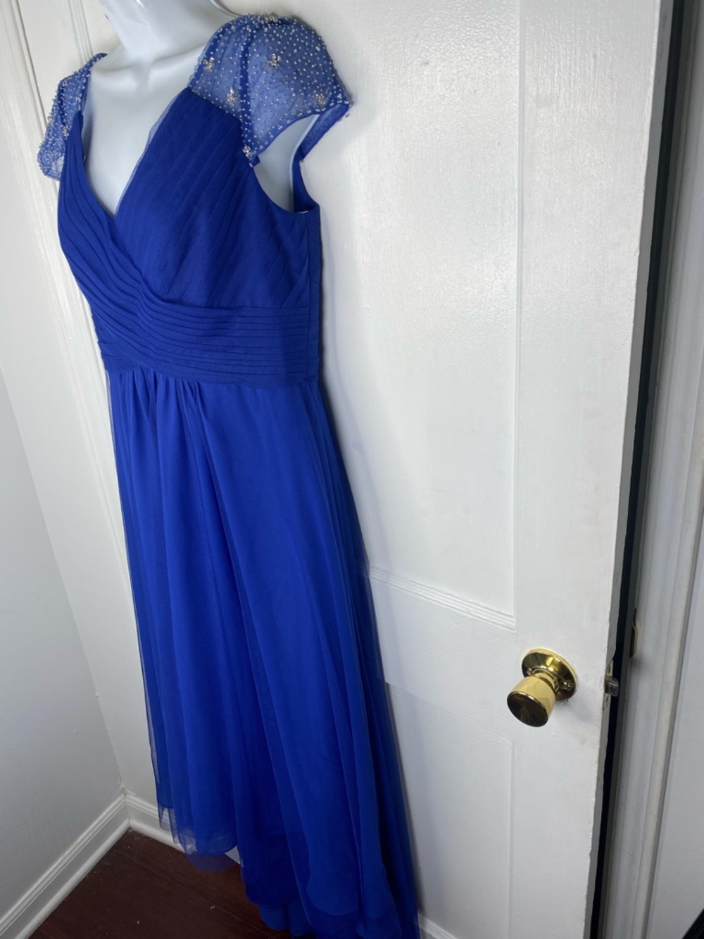 JJs House NWT Cobalt Royal Blue V-Neck Maxi with Beaded Cap Sleeves - Picture 5 of 8